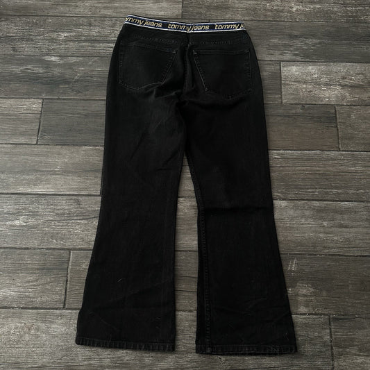 VTG TOMMY HILFIGER BLACK BOOT CUT JEANS REPEATING WAIST LOGO SZ WMNS 11 30X29 Yesterday's Fits Clothing Fashion Vintage Streetwear Fashion Item