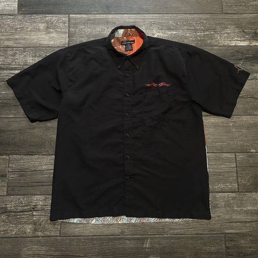 Y2K NO BOUNDARIES SURF BUTTON UP BLACK AOP SHORT SLEEVE SHIRT SZ L SKATE Yesterday's Fits Clothing Fashion Vintage Streetwear Fashion Item