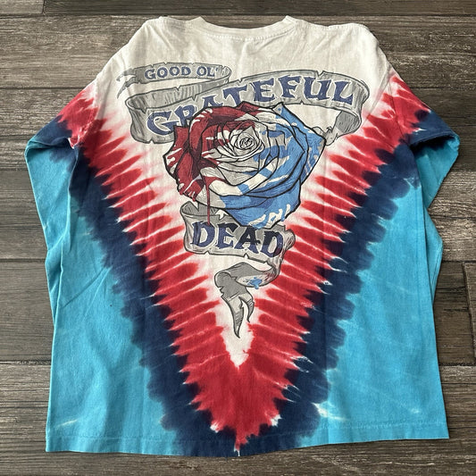 Y2K LIQUID BLUE GRATEFUL DEAD SKULL LONG SLEEVE TIE-DYE BLUE RED WHITE T-SHIRT L Yesterday's Fits Clothing Fashion Vintage Streetwear Fashion Item