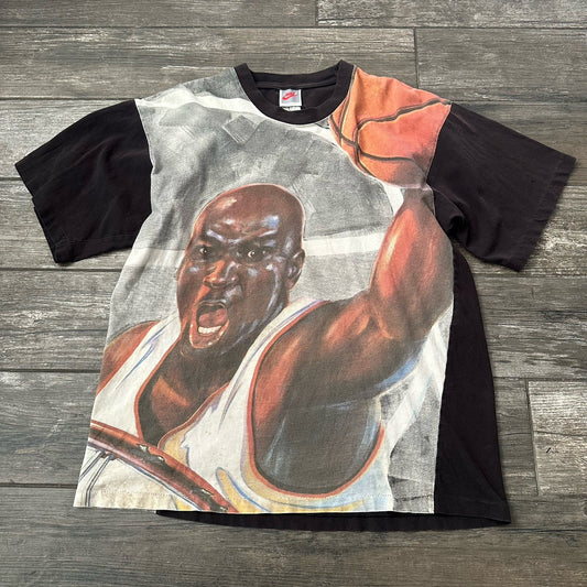 VTG NIKE MICHAEL AIR JORDAN AOP BASKETBALL T-SHIRT DUNK USA MADE SZ L NBA Yesterday's Fits Clothing Fashion Vintage Streetwear Fashion Item
