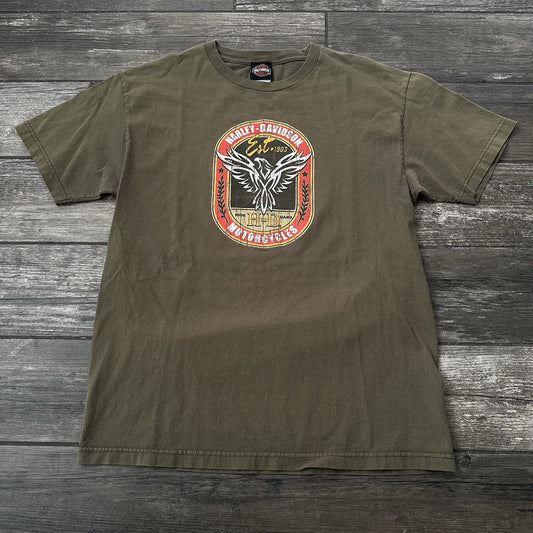 Y2K HARLEY-DAVIDSON MOTORCYCLES VICTORVILLE KHAKI T-SHIRT SZ L Yesterday's Fits Clothing Fashion Vintage Streetwear Fashion Item