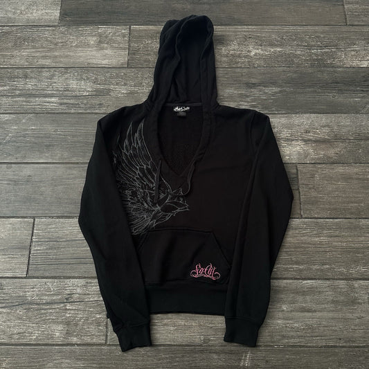 Y2K NO FEAR SO CAL ANGEL WINGS BLACK DEEP CUT RHINESTONE HOODIE SWEATSHIRT SZ M Yesterday's Fits Clothing Fashion Vintage Streetwear Fashion Item