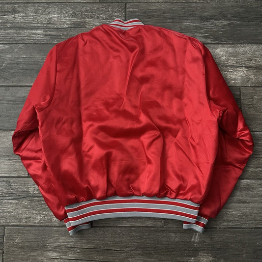 VTG SWINGSTER UNLV RUNNIN REBELS RED SILVER SATIN BOMBER JACKET BUTTON UP SZ L Yesterday's Fits Clothing Fashion Vintage Streetwear Fashion Item