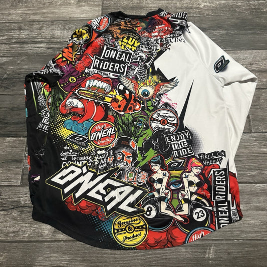 O'NEAL ELITE MAYHEM MOTOCROSS LONG SLEEVE JERSEY SZ L ALL OVER PRINT STICKER Yesterday's Fits Clothing Fashion Vintage Streetwear Fashion Item