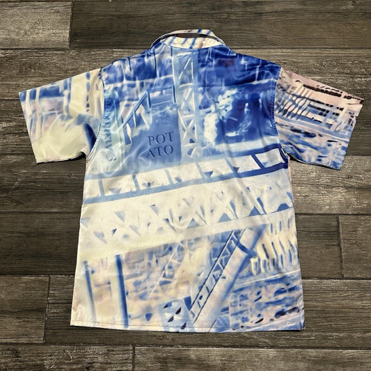 IMRAN POTATO CLOUD BUTTON UP AOP ALL OVER PRINT WHITE BLUE M VIDEO GAME SHIRT Yesterday's Fits Clothing Fashion Vintage Streetwear Fashion Item