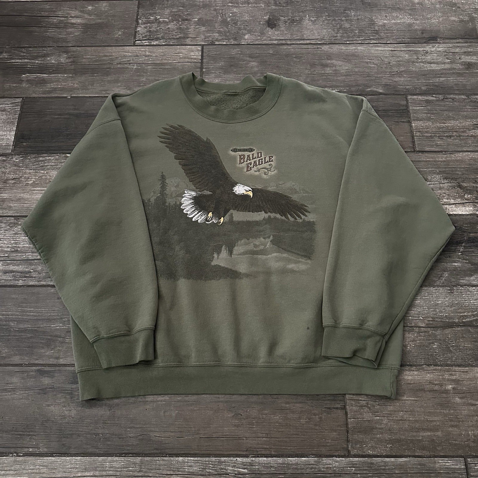 VTG 90s AMERICAN BALD EAGLE GREEN FADED NATURE SWEATSHIRT BAGGY SZ XL USA Yesterday's Fits Clothing Fashion Vintage Streetwear Fashion Item