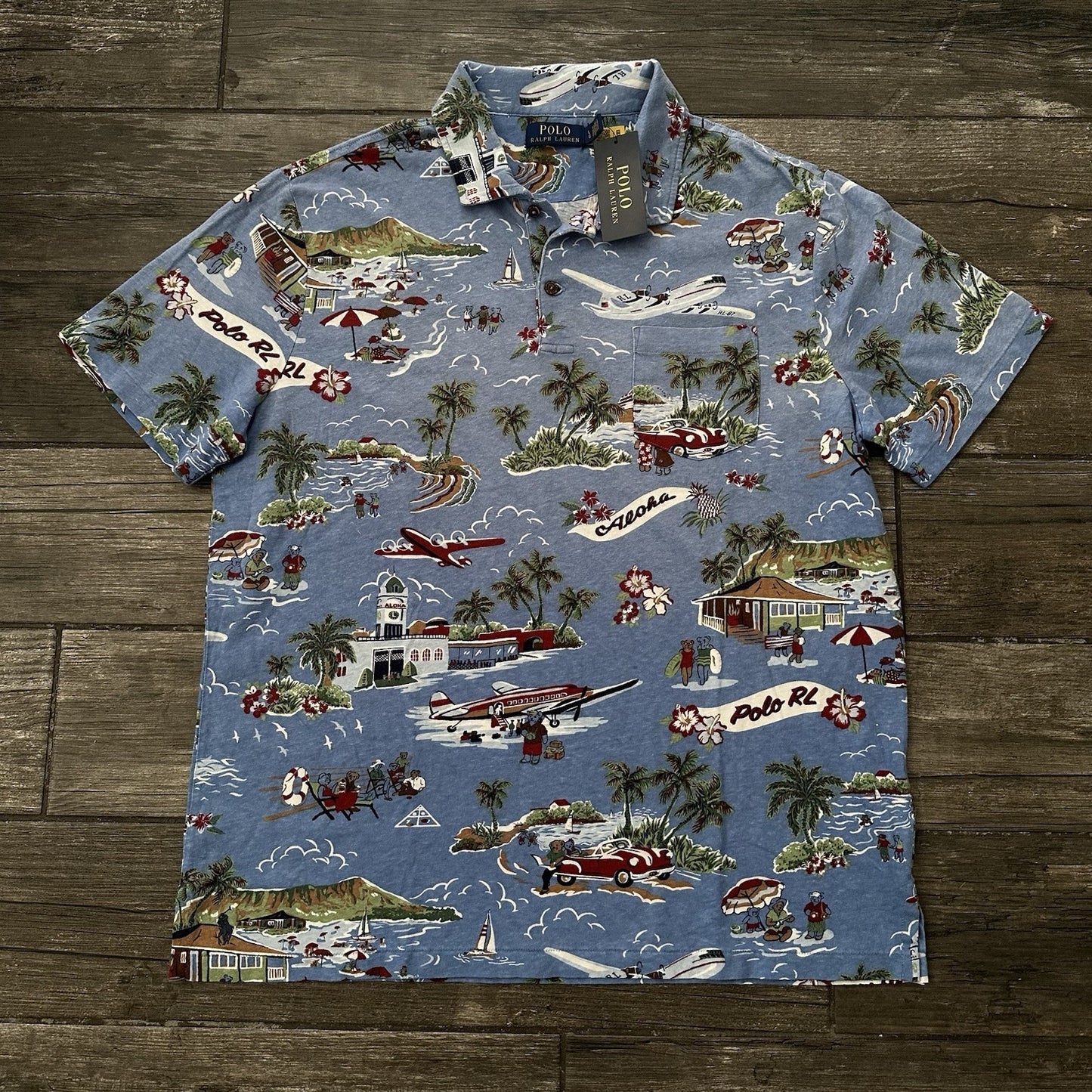 NWT POLO RALPH LAUREN BEAR AOP ALL OVER PRINT BLUE BEACH SHIRT SZ L PALM TREE Yesterday's Fits Clothing Fashion Vintage Streetwear Fashion Item
