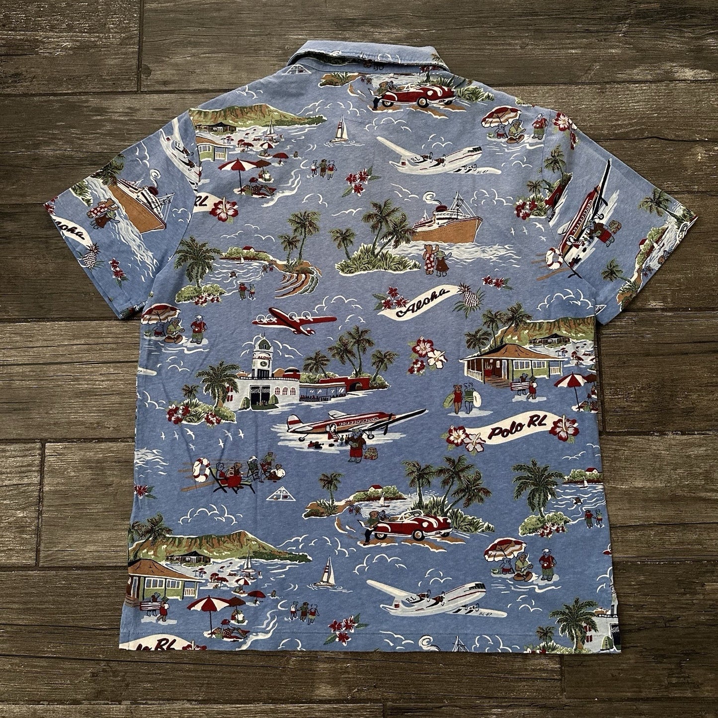 NWT POLO RALPH LAUREN BEAR AOP ALL OVER PRINT BLUE BEACH SHIRT SZ L PALM TREE Yesterday's Fits Clothing Fashion Vintage Streetwear Fashion Item