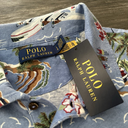 NWT POLO RALPH LAUREN BEAR AOP ALL OVER PRINT BLUE BEACH SHIRT SZ L PALM TREE Yesterday's Fits Clothing Fashion Vintage Streetwear Fashion Item