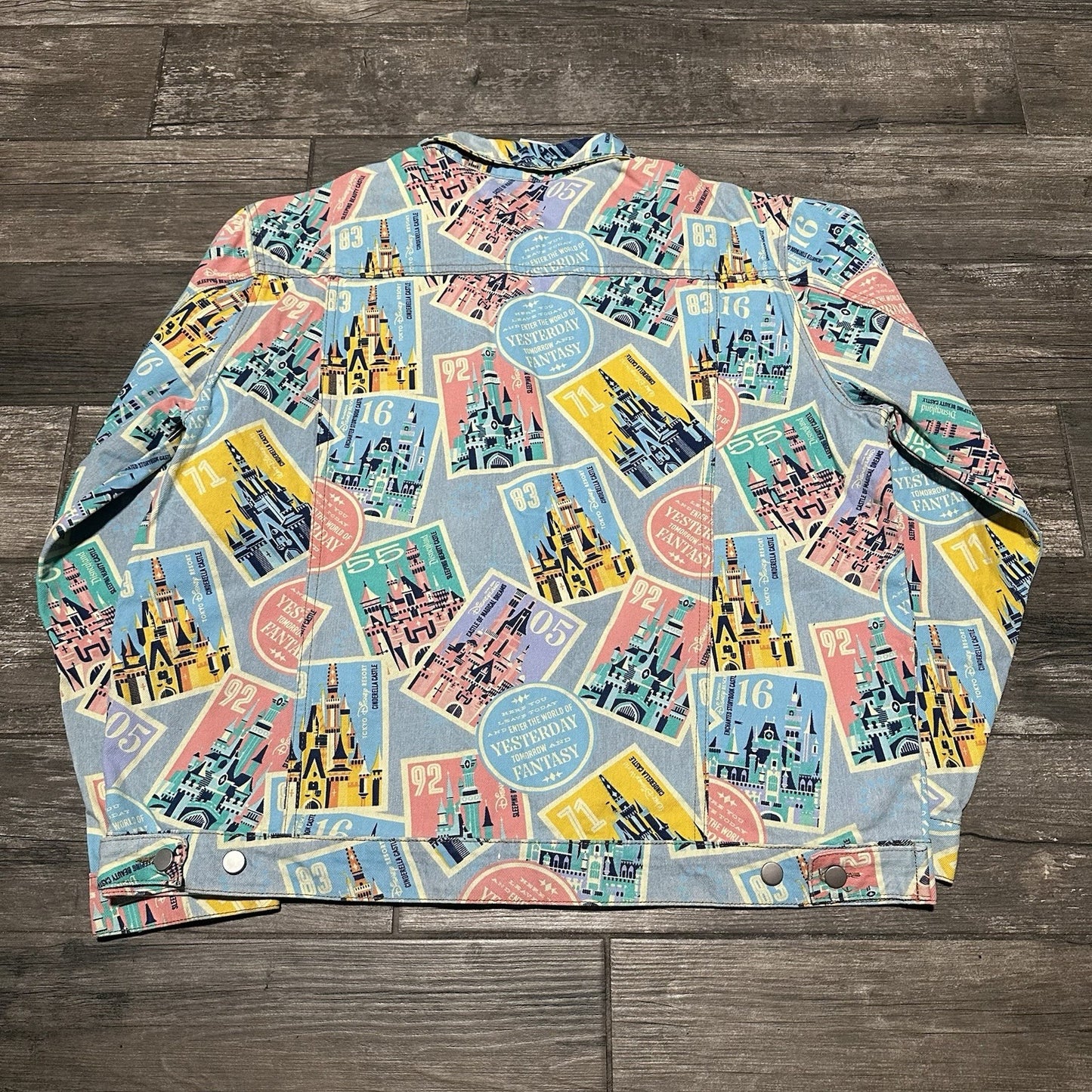 NWT DISNEYLAND D23 CASTLES OF DISNEY PARKS ALL OVER PRINT DENIM JEAN JACKET XL Yesterday's Fits Clothing Fashion Vintage Streetwear Fashion Item