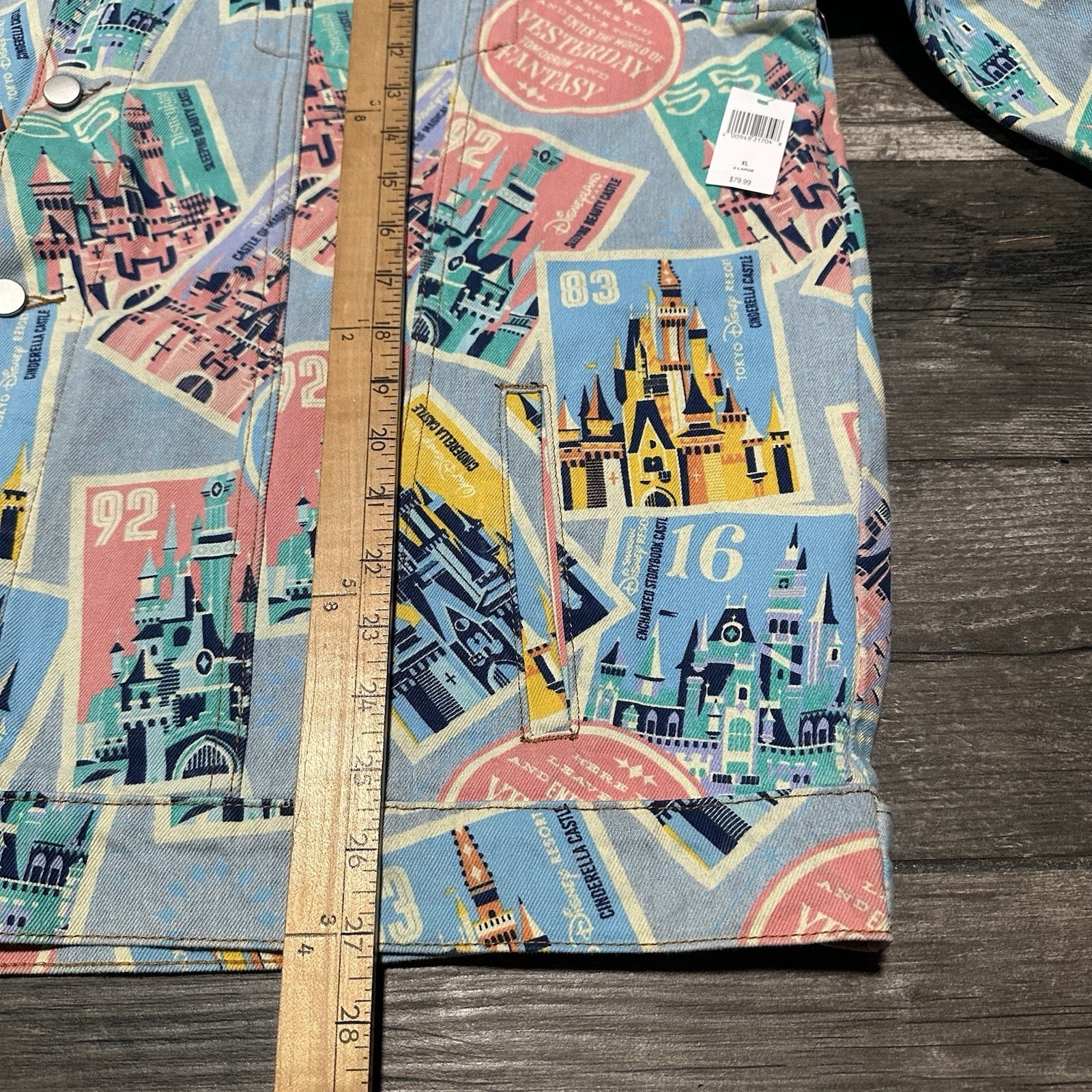 NWT DISNEYLAND D23 CASTLES OF DISNEY PARKS ALL OVER PRINT DENIM JEAN JACKET XL Yesterday's Fits Clothing Fashion Vintage Streetwear Fashion Item