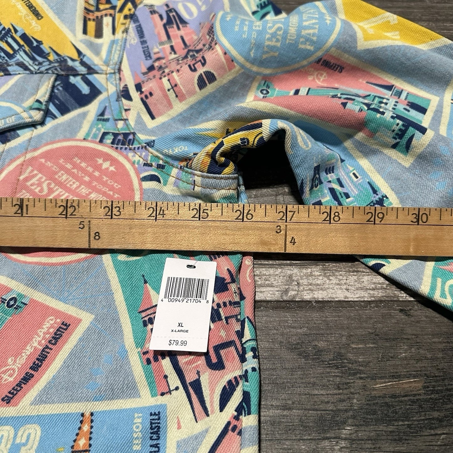 NWT DISNEYLAND D23 CASTLES OF DISNEY PARKS ALL OVER PRINT DENIM JEAN JACKET XL Yesterday's Fits Clothing Fashion Vintage Streetwear Fashion Item