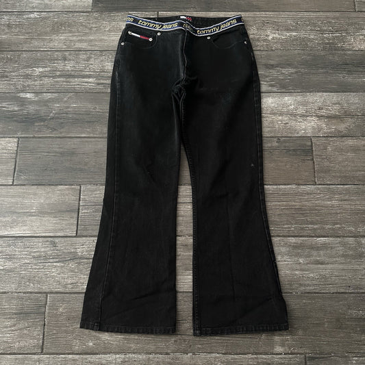VTG TOMMY HILFIGER BLACK BOOT CUT JEANS REPEATING WAIST LOGO SZ WMNS 11 30X29 Yesterday's Fits Clothing Fashion Vintage Streetwear Fashion Item