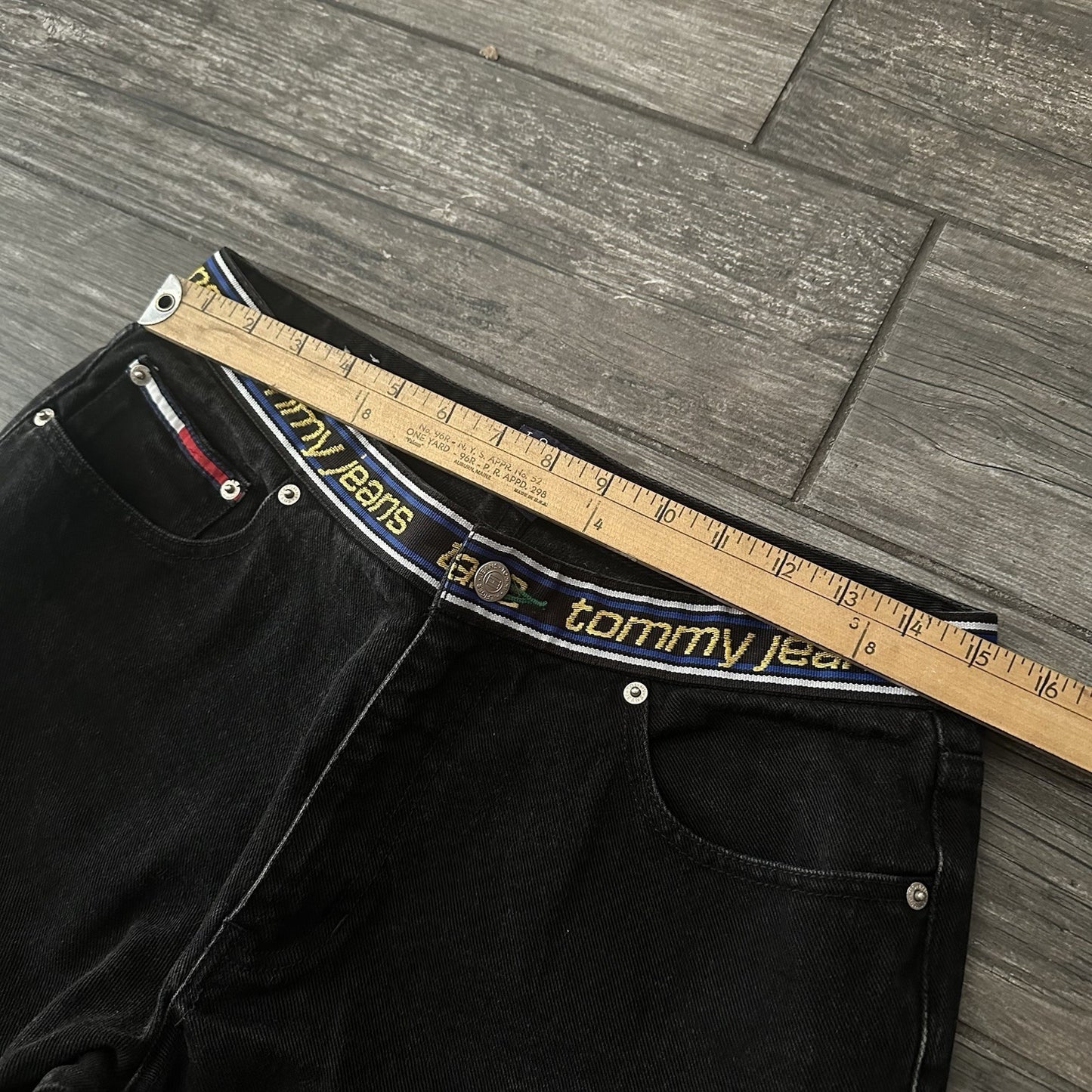 VTG TOMMY HILFIGER BLACK BOOT CUT JEANS REPEATING WAIST LOGO SZ WMNS 11 30X29 Yesterday's Fits Clothing Fashion Vintage Streetwear Fashion Item