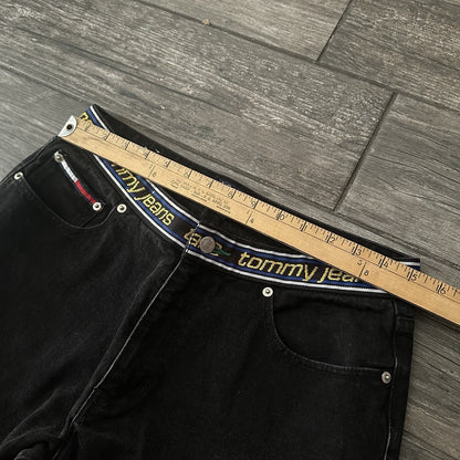 VTG TOMMY HILFIGER BLACK BOOT CUT JEANS REPEATING WAIST LOGO SZ WMNS 11 30X29 Yesterday's Fits Clothing Fashion Vintage Streetwear Fashion Item