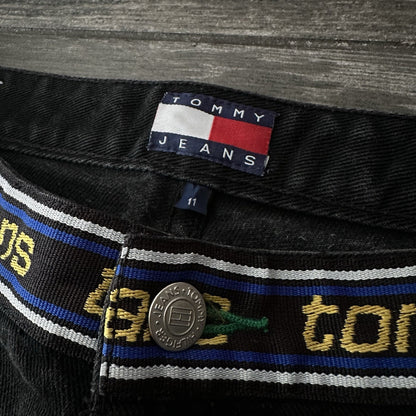 VTG TOMMY HILFIGER BLACK BOOT CUT JEANS REPEATING WAIST LOGO SZ WMNS 11 30X29 Yesterday's Fits Clothing Fashion Vintage Streetwear Fashion Item