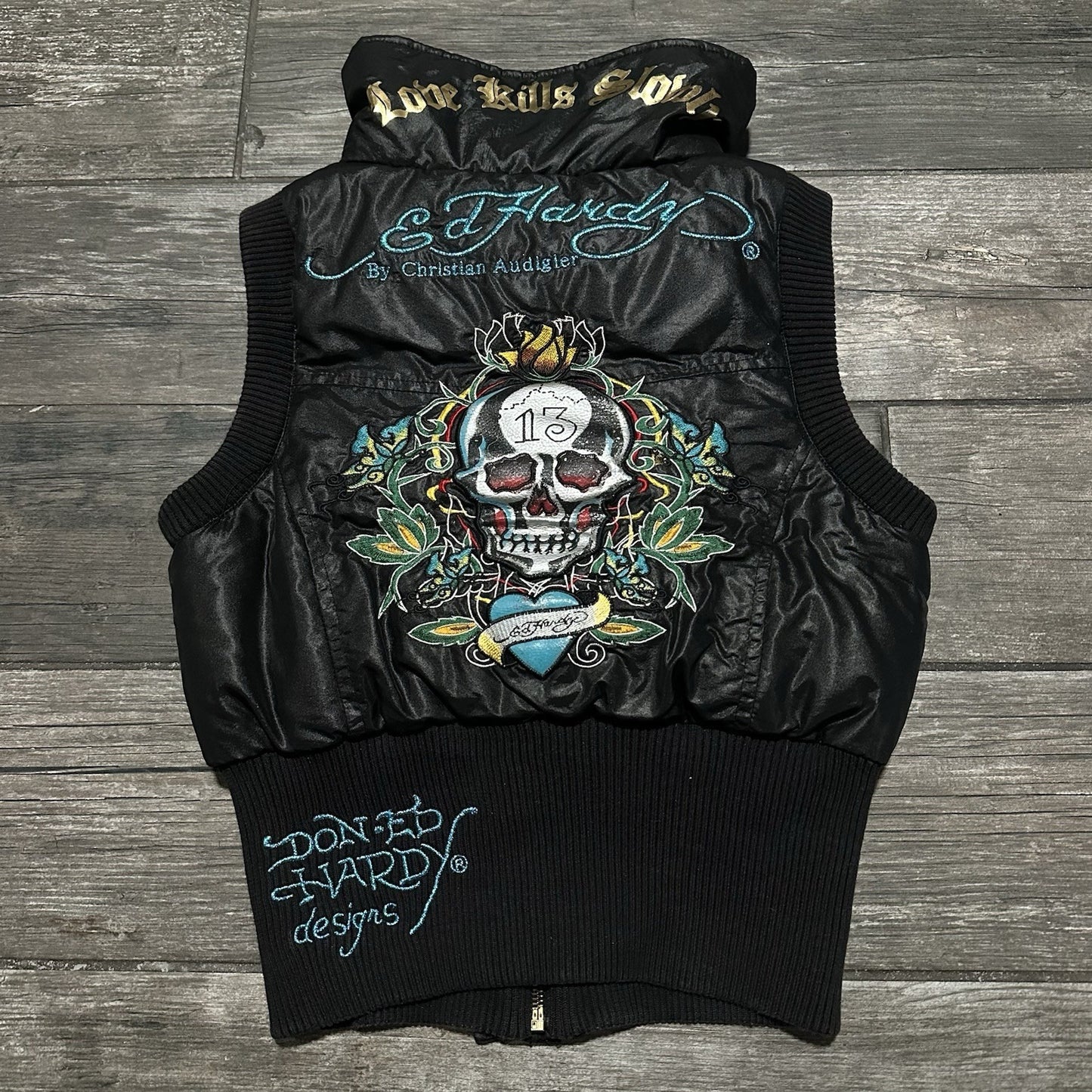 Y2K ED HARDY LOVE KILLS SLOWLY PUFFER VEST SLEEVELESS BUBBLE JACKET SZ WMNS S Yesterday's Fits Clothing Fashion Vintage Streetwear Fashion Item