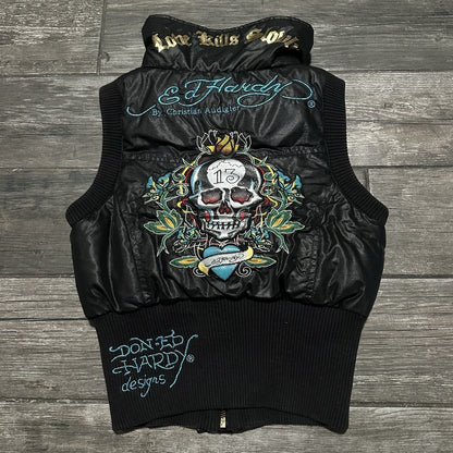 Y2K ED HARDY LOVE KILLS SLOWLY PUFFER VEST SLEEVELESS BUBBLE JACKET SZ WMNS S Yesterday's Fits Clothing Fashion Vintage Streetwear Fashion Item