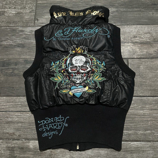 Y2K ED HARDY LOVE KILLS SLOWLY PUFFER VEST SLEEVELESS BUBBLE JACKET SZ WMNS S Yesterday's Fits Clothing Fashion Vintage Streetwear Fashion Item