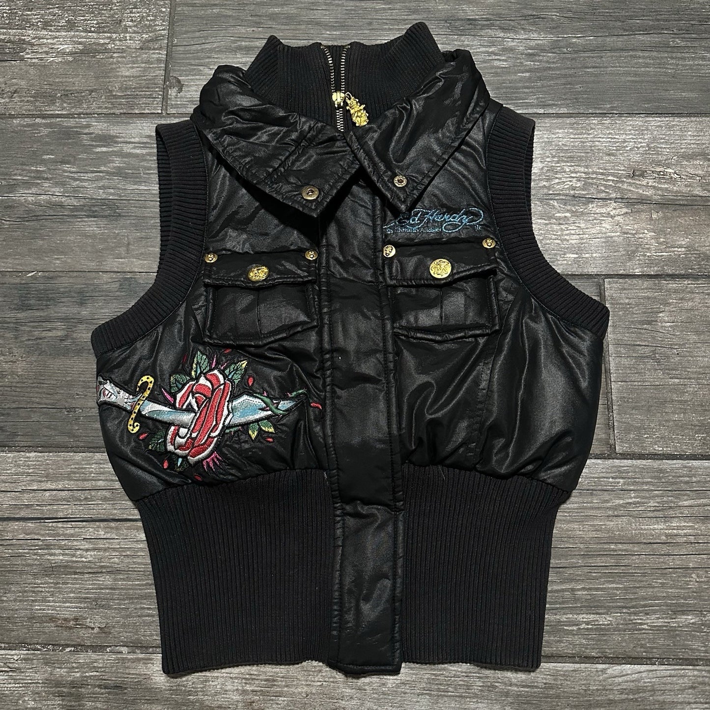 Y2K ED HARDY LOVE KILLS SLOWLY PUFFER VEST SLEEVELESS BUBBLE JACKET SZ WMNS S Yesterday's Fits Clothing Fashion Vintage Streetwear Fashion Item