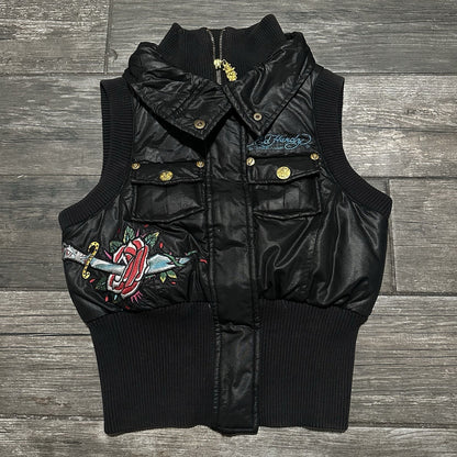 Y2K ED HARDY LOVE KILLS SLOWLY PUFFER VEST SLEEVELESS BUBBLE JACKET SZ WMNS S Yesterday's Fits Clothing Fashion Vintage Streetwear Fashion Item