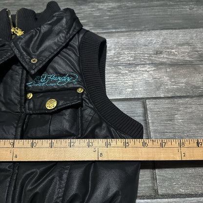Y2K ED HARDY LOVE KILLS SLOWLY PUFFER VEST SLEEVELESS BUBBLE JACKET SZ WMNS S Yesterday's Fits Clothing Fashion Vintage Streetwear Fashion Item
