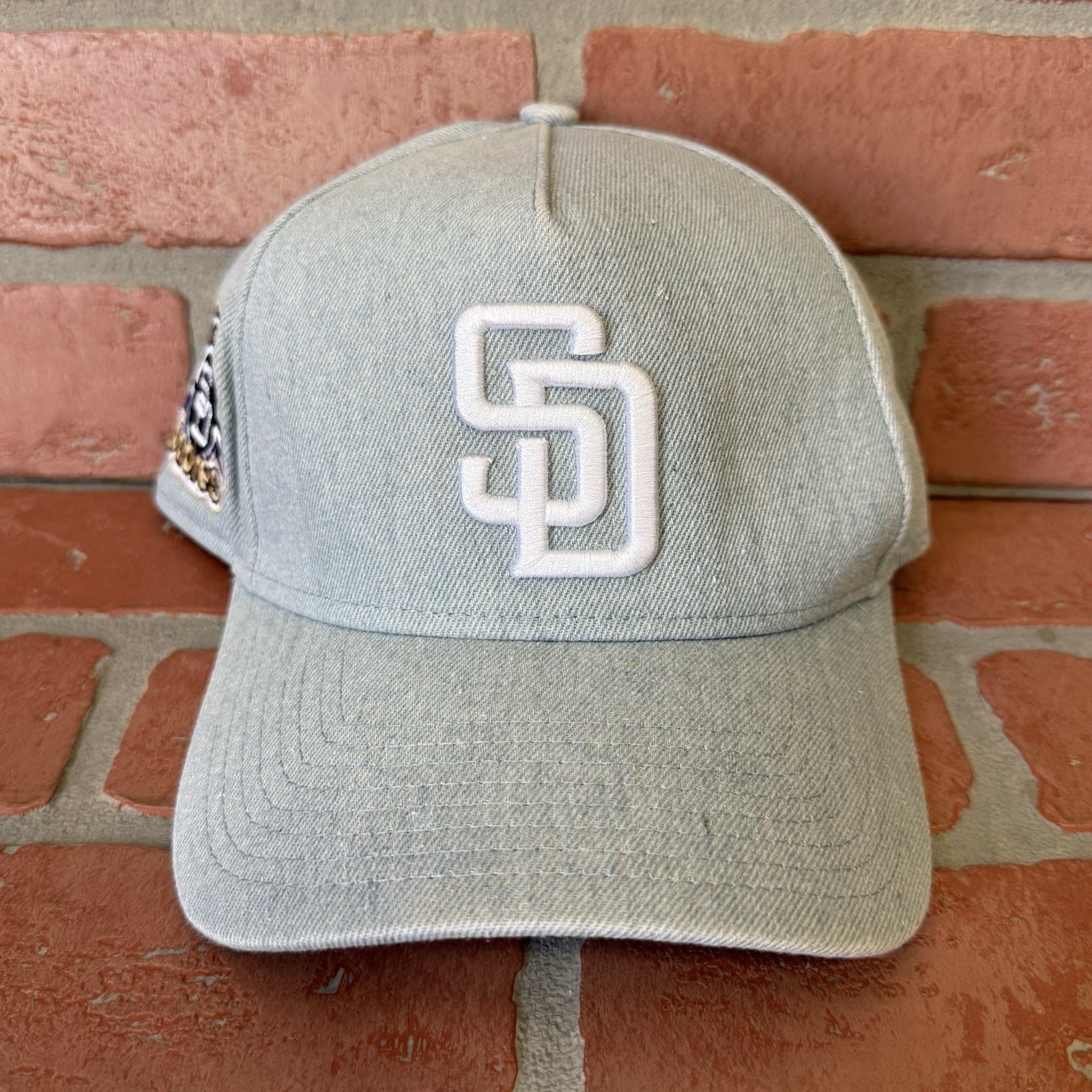 NEW ERA SAN DIEGO PADRES DENIM SNAPBACK BASEBALL BLUE HAT STADIUM PATCH TAN Yesterday's Fits Clothing Fashion Vintage Streetwear Fashion Item