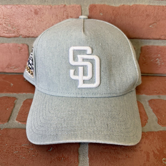 NEW ERA SAN DIEGO PADRES DENIM SNAPBACK BASEBALL BLUE HAT STADIUM PATCH TAN Yesterday's Fits Clothing Fashion Vintage Streetwear Fashion Item