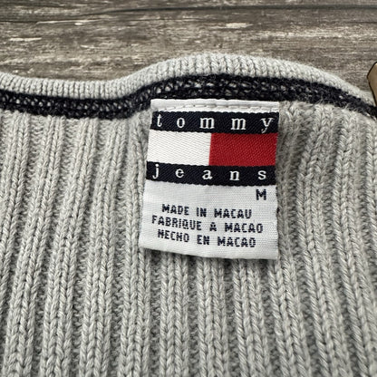 Y2K TOMMY JEANS GREY RIBBED V-NECK SWEATER GREY SZ M LONG SLEEVE TIGHT