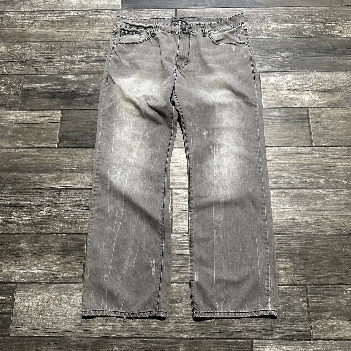 Y2K KANJI GREY BAGGY DENIM JEANS DISTRESSED FADED WIDE LEG MEASURES 40X32 Yesterday's Fits Clothing Fashion Vintage Streetwear Fashion Item