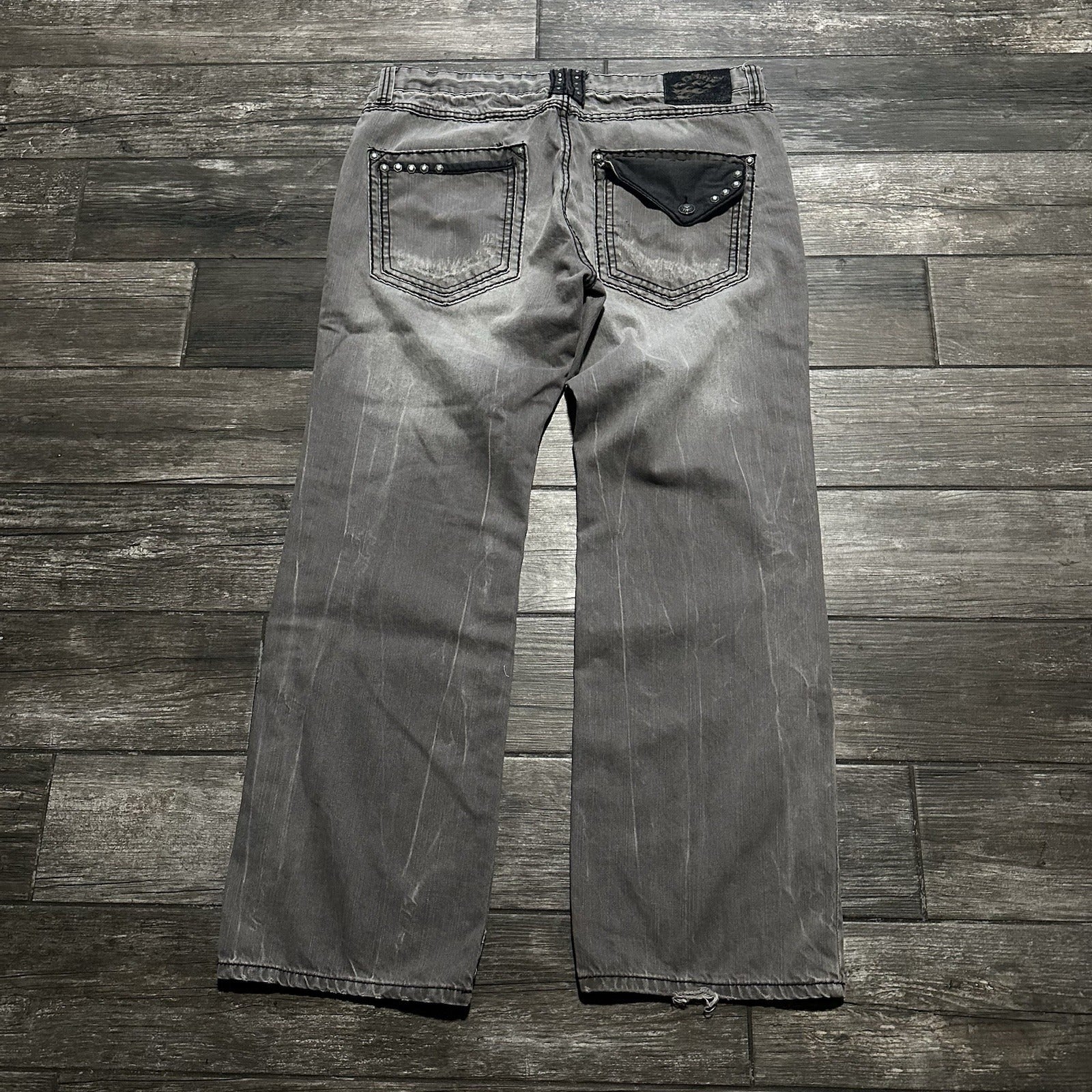 Y2K KANJI GREY BAGGY DENIM JEANS DISTRESSED FADED WIDE LEG MEASURES 40X32 Yesterday's Fits Clothing Fashion Vintage Streetwear Fashion Item
