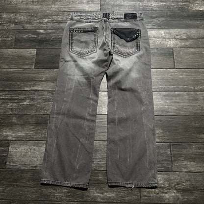 Y2K KANJI GREY BAGGY DENIM JEANS DISTRESSED FADED WIDE LEG MEASURES 40X32 Yesterday's Fits Clothing Fashion Vintage Streetwear Fashion Item