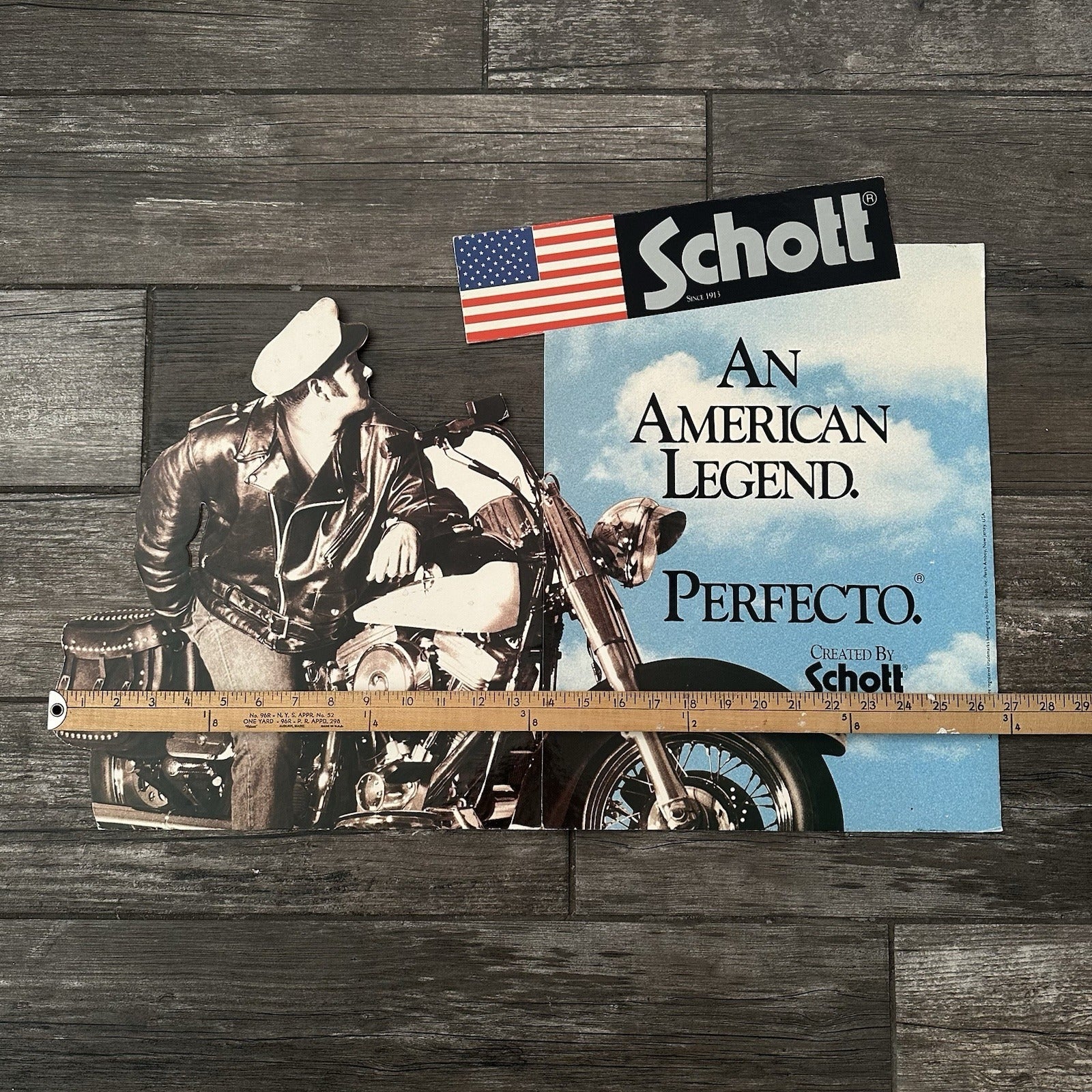 VTG SCHOTT PERFECTO AN AMERICAN LEGEND ADVERTISING DISPLAY CUT-OUT SIGN BRANDO Yesterday's Fits Clothing Fashion Vintage Streetwear Fashion Item