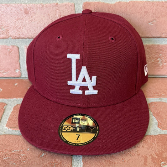 NEW ERA LOS ANGELES DODGERS PLAIN LOGO MAROON WHITE FITTED BASEBALL CAP 7 HAT Yesterday's Fits Clothing Fashion Vintage Streetwear Fashion Item