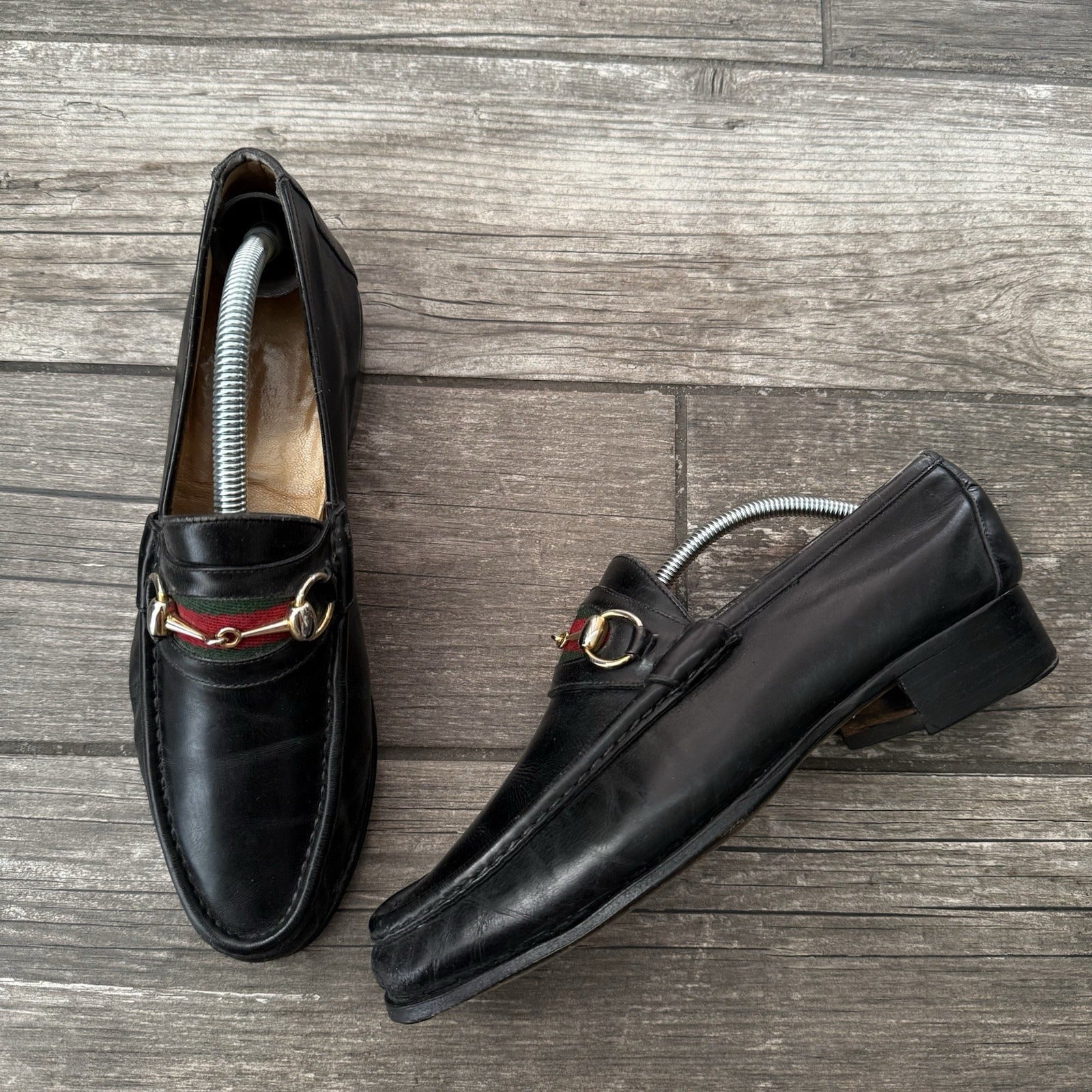 VTG 80s GUCCI ITALY BLACK LEATHER HORSEBIT LOAFERS SZ 42.5 (US 9) SHOES SLIP Yesterday's Fits Clothing Fashion Vintage Streetwear Fashion Item