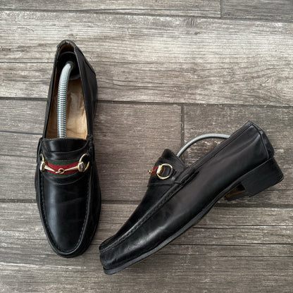 VTG 80s GUCCI ITALY BLACK LEATHER HORSEBIT LOAFERS SZ 42.5 (US 9) SHOES SLIP Yesterday's Fits Clothing Fashion Vintage Streetwear Fashion Item