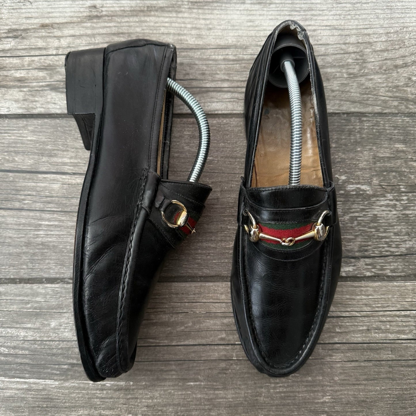 VTG 80s GUCCI ITALY BLACK LEATHER HORSEBIT LOAFERS SZ 42.5 (US 9) SHOES SLIP Yesterday's Fits Clothing Fashion Vintage Streetwear Fashion Item