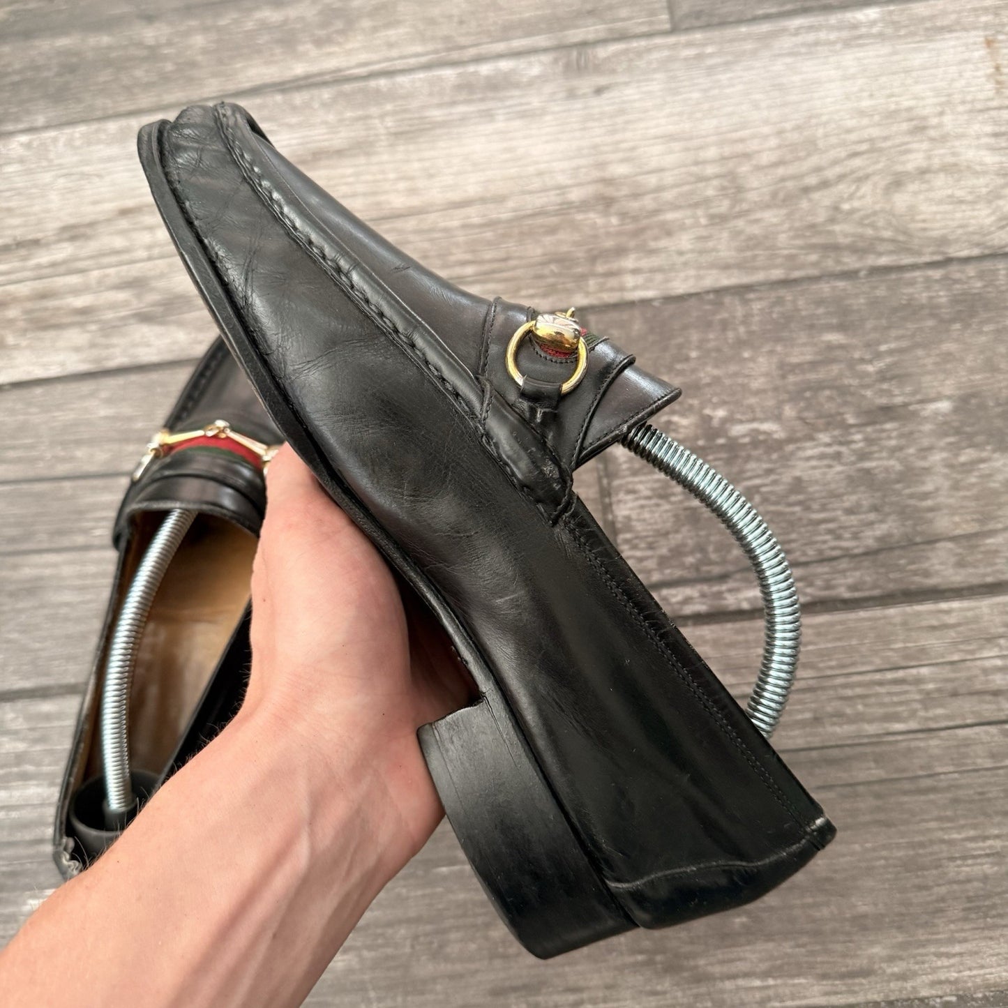 VTG 80s GUCCI ITALY BLACK LEATHER HORSEBIT LOAFERS SZ 42.5 (US 9) SHOES SLIP Yesterday's Fits Clothing Fashion Vintage Streetwear Fashion Item