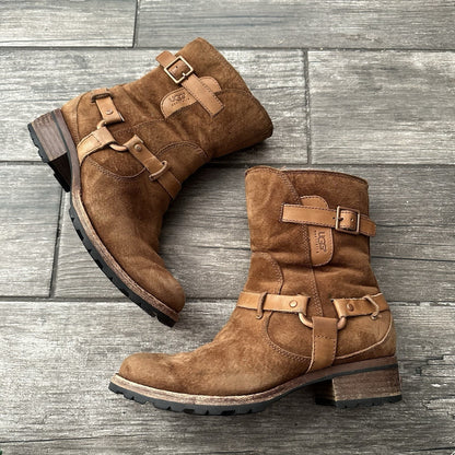 UGG AUSTRALIA 5604 ENDELL HARNESS BIKER BOOTS BROWN SUEDE NO BOX WMNS SZ 7.5 Yesterday's Fits Clothing Fashion Vintage Streetwear Fashion Item