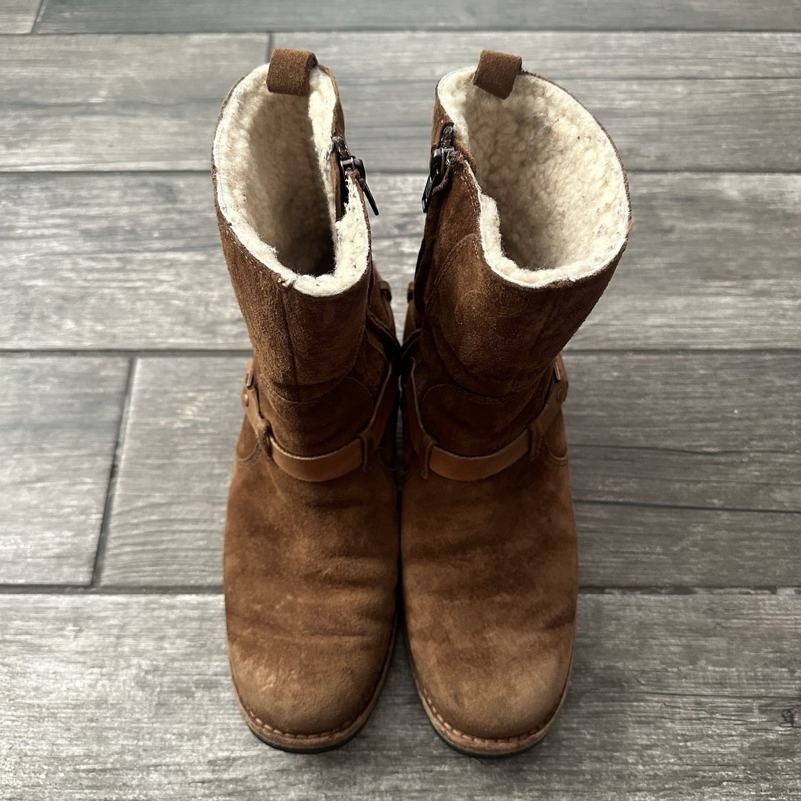 UGG AUSTRALIA 5604 ENDELL HARNESS BIKER BOOTS BROWN SUEDE NO BOX WMNS SZ 7.5 Yesterday's Fits Clothing Fashion Vintage Streetwear Fashion Item