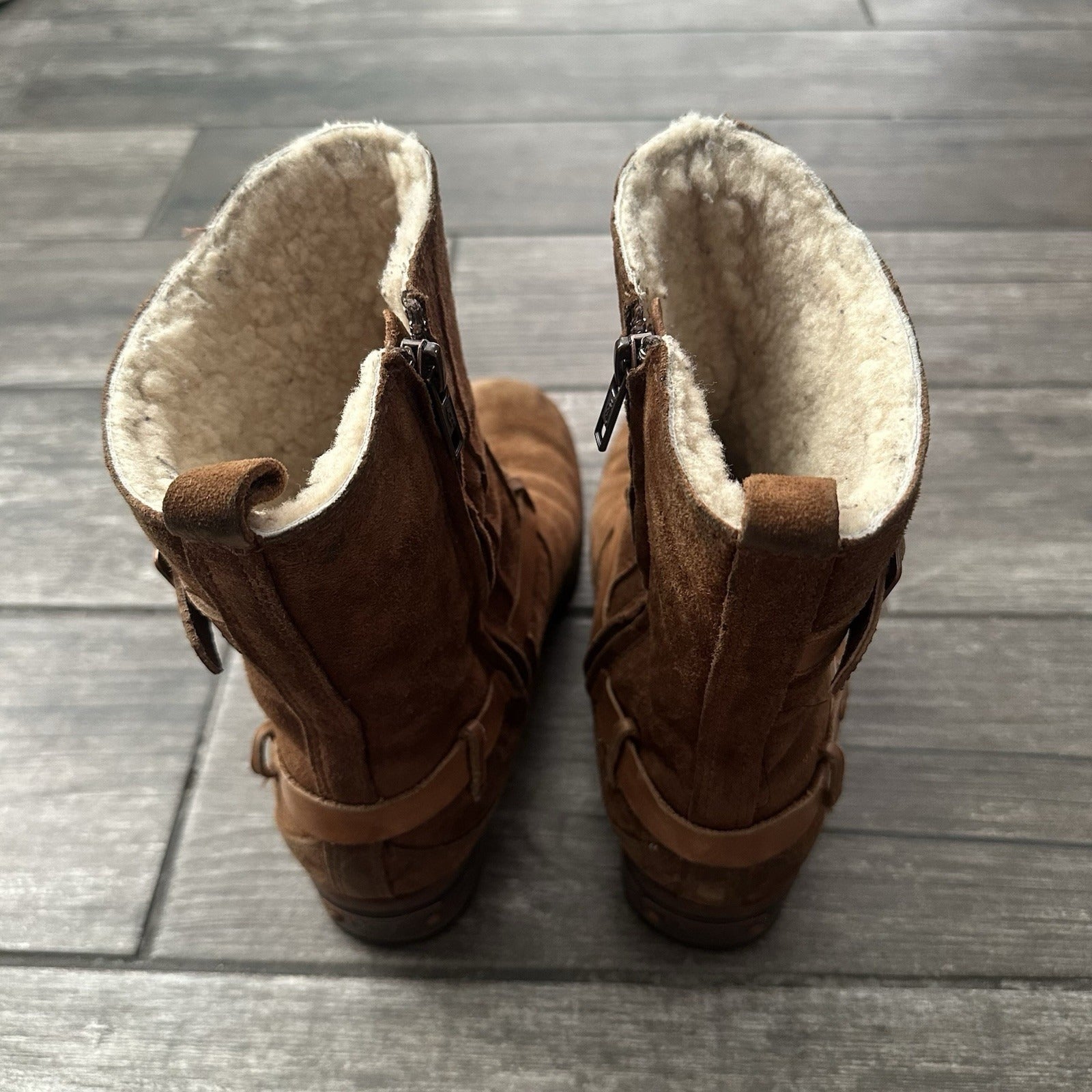 UGG AUSTRALIA 5604 ENDELL HARNESS BIKER BOOTS BROWN SUEDE NO BOX WMNS SZ 7.5 Yesterday's Fits Clothing Fashion Vintage Streetwear Fashion Item