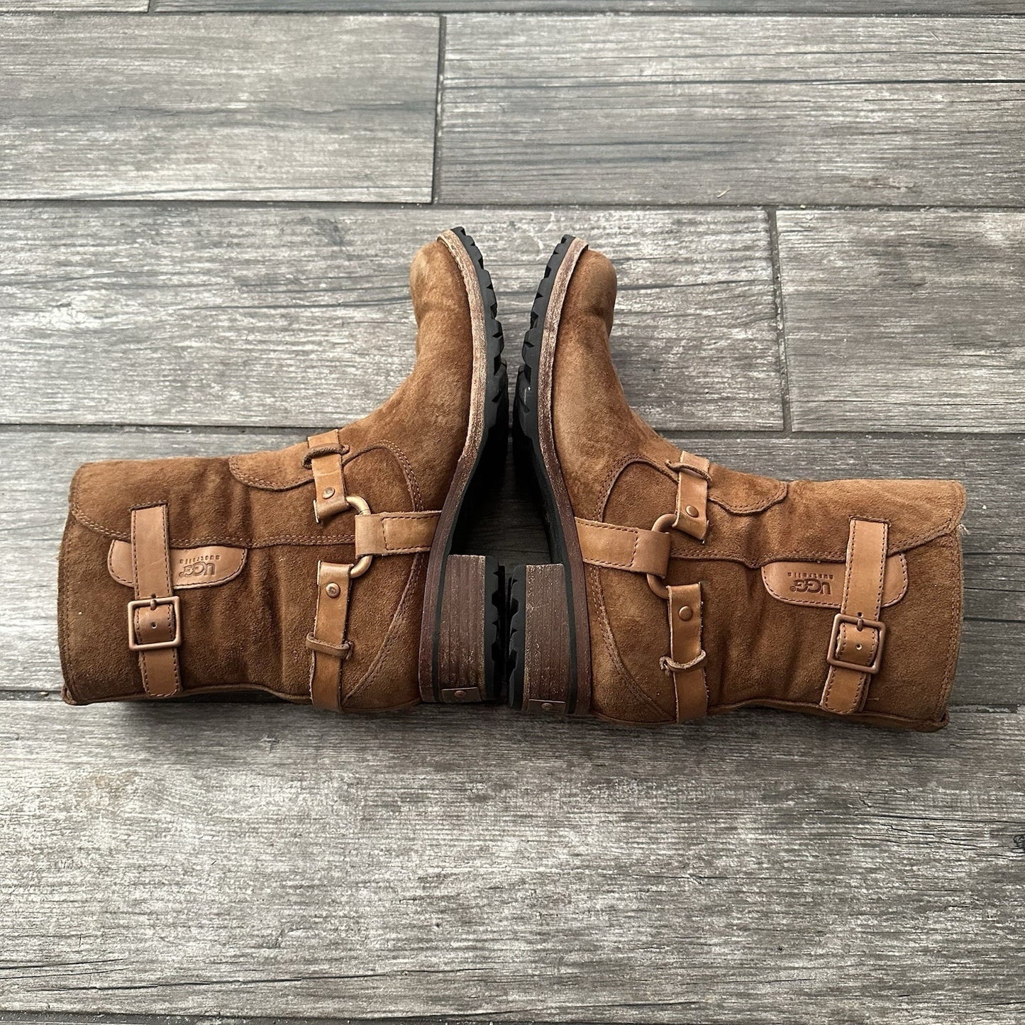 UGG AUSTRALIA 5604 ENDELL HARNESS BIKER BOOTS BROWN SUEDE NO BOX WMNS SZ 7.5 Yesterday's Fits Clothing Fashion Vintage Streetwear Fashion Item