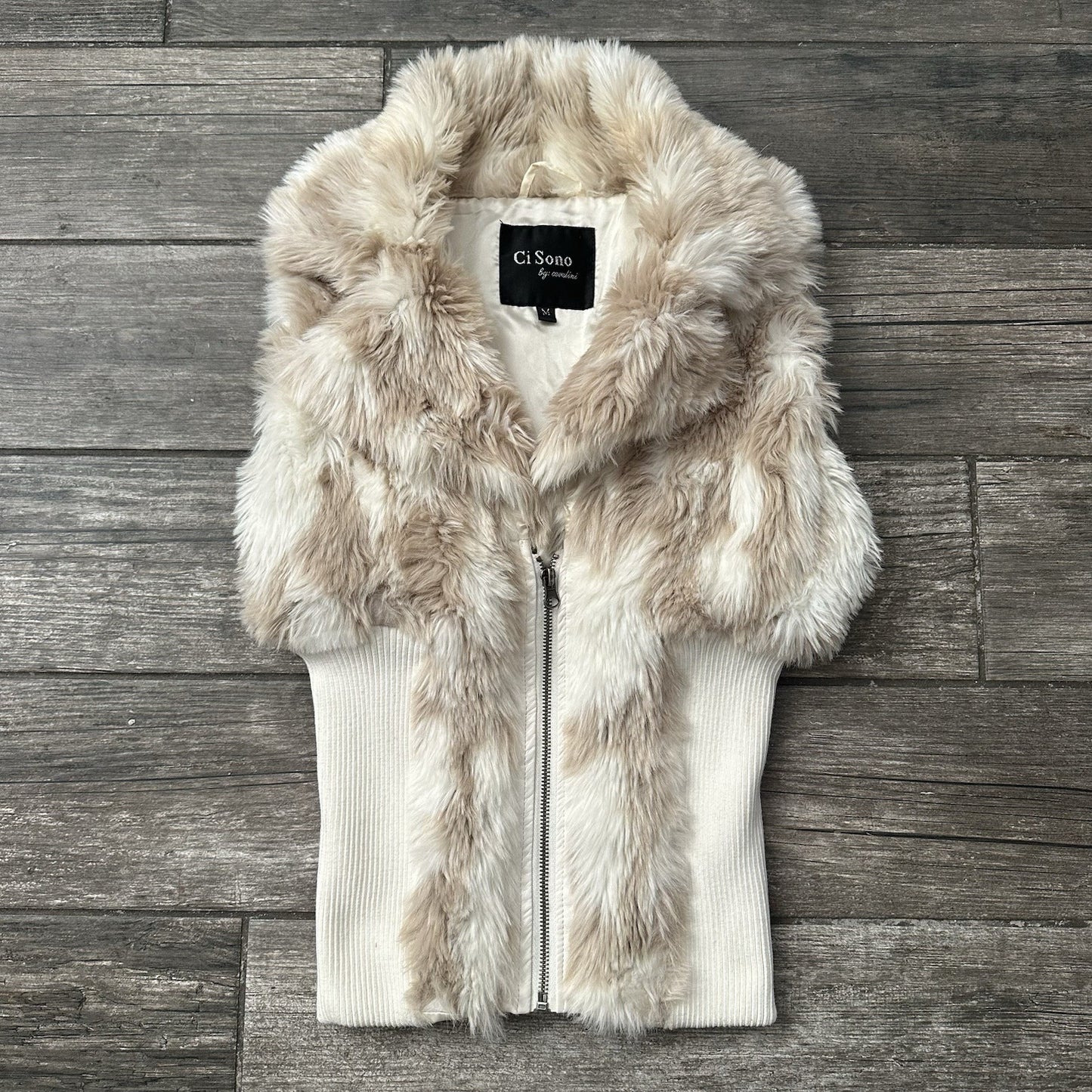 Y2K CI SONO BY CAVALINI FAUX FUR SATIN LINED WHITE RIBBED VEST WMNS SZ M