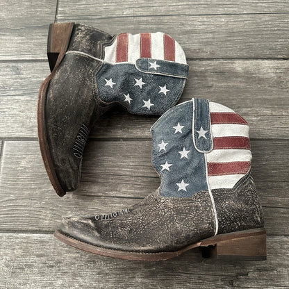 ROPER AMERICAN BEAUTY FLAG DISTRESSED WESTERN BOOTS WMNS 11 NO BOX SNEAKERS Yesterday's Fits Clothing Fashion Vintage Streetwear Fashion Item