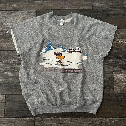 VTG 80'S PEANUTS 'WHERE'S THE CHICKS?' WOODSTOCK SKIING GREY SWEATSHIRT SZ 2XL Yesterday's Fits Clothing Fashion Vintage Streetwear Fashion Item