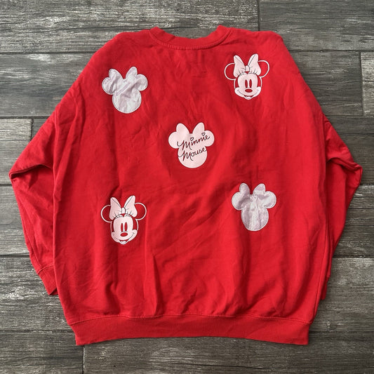 DISNEY PARKS MINNIE MOUSE RED ALL OVER PRINT PATCH SWEATSHIRT WMNS XL CREWNECK Yesterday's Fits Clothing Fashion Vintage Streetwear Fashion Item