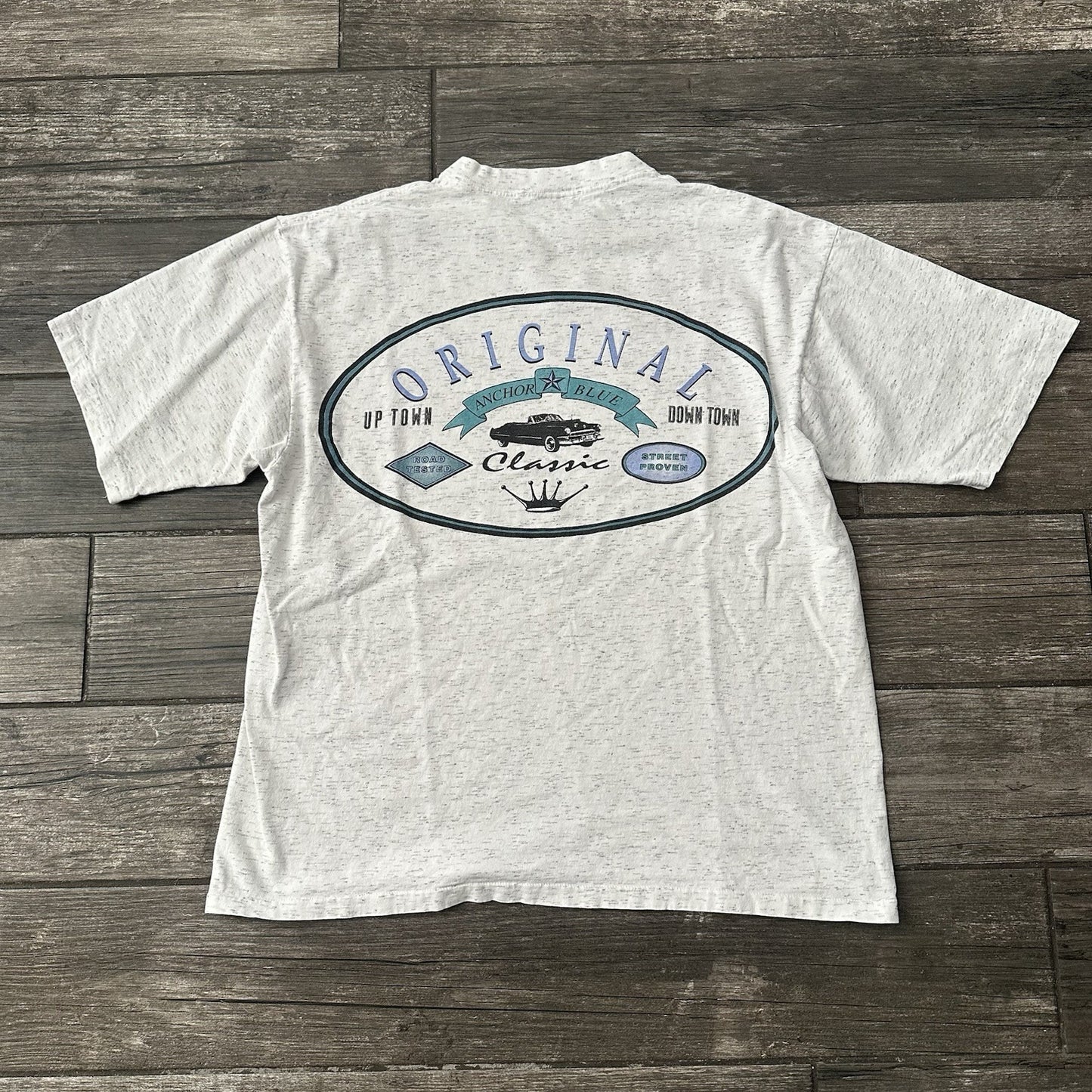 VTG 90s ANCHOR BLUE SURF GREY TEE T-SHIRT CLASSIC CAR SHORT SLEEVE SZ L Yesterday's Fits Clothing Fashion Vintage Streetwear Fashion Item