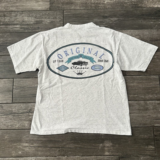 VTG 90s ANCHOR BLUE SURF GREY TEE T-SHIRT CLASSIC CAR SHORT SLEEVE SZ L Yesterday's Fits Clothing Fashion Vintage Streetwear Fashion Item