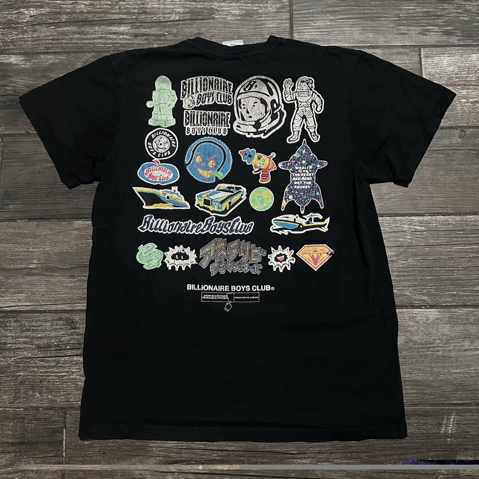 BBC BILLIONIARE BOYS CLUB BLACK DISTRESSED MULTI-LOGO T-SHIRT FADED TEE SZ M Yesterday's Fits Clothing Fashion Vintage Streetwear Fashion Item