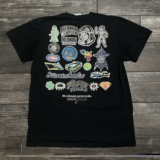 BBC BILLIONIARE BOYS CLUB BLACK DISTRESSED MULTI-LOGO T-SHIRT FADED TEE SZ M Yesterday's Fits Clothing Fashion Vintage Streetwear Fashion Item